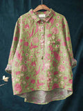 Women's Floral Art Print Casual Cotton And Linen Shirt