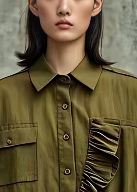 Army Green Ruffled Cotton Blouse Tops Flare Sleeve