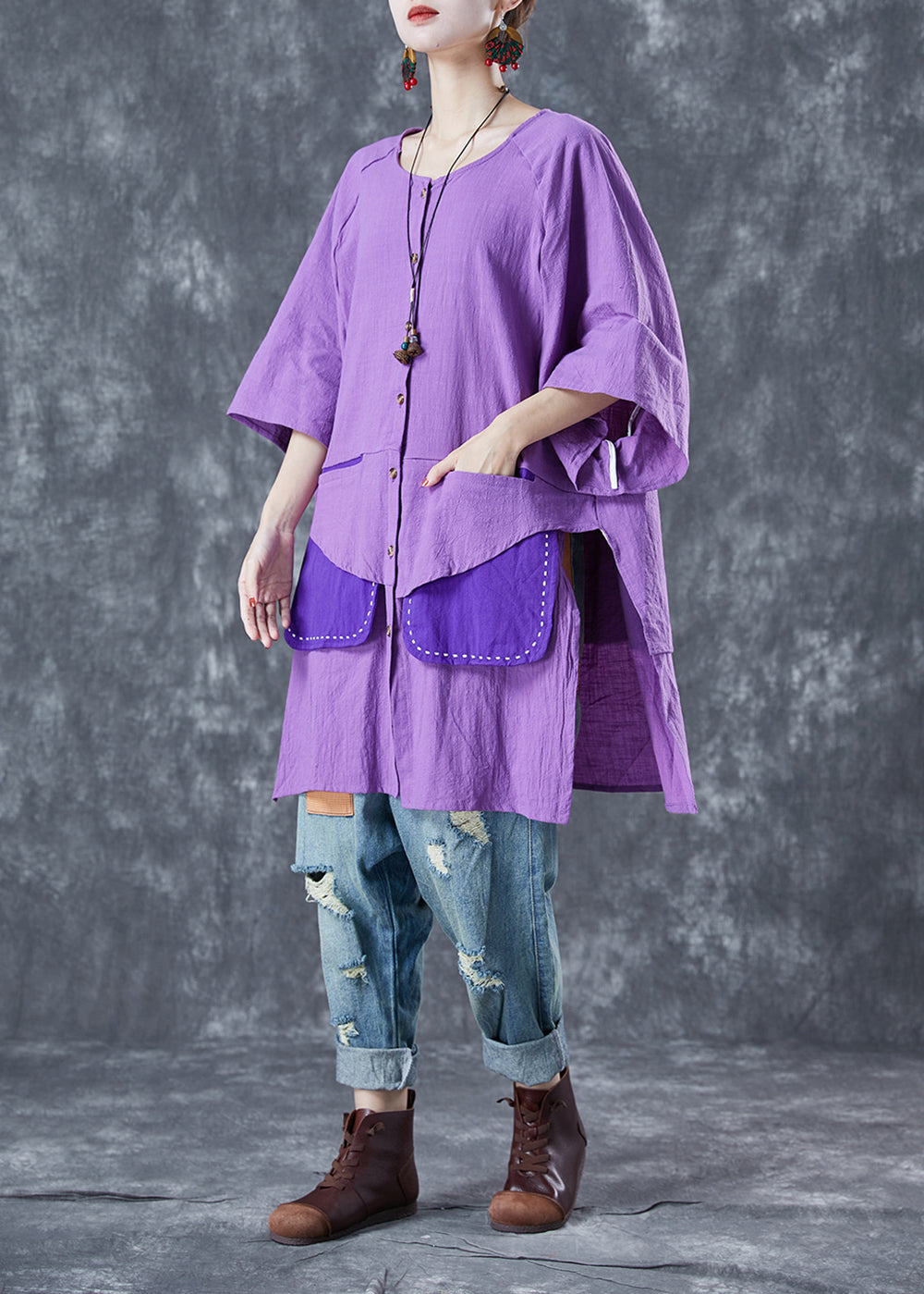 Purple Oversized Patchwork Cotton Shirt Summer