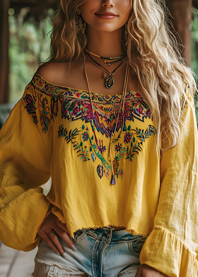 Yellow Slash Neck Print Cotton T Shirts Spring