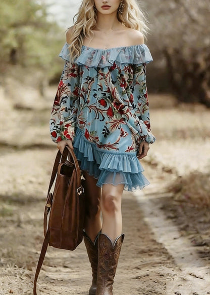 Blue Slash Neck Print Wrinkled Patchwork Mid Dress Spring
