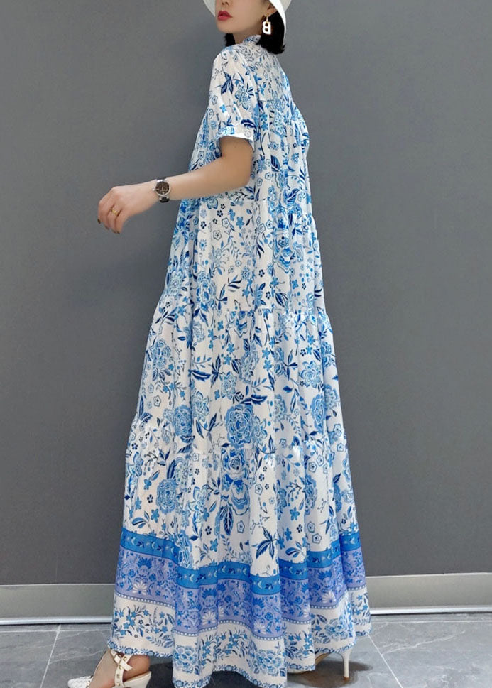 Blue Wrinkled Chiffon Long Dress Short Sleeve Summer