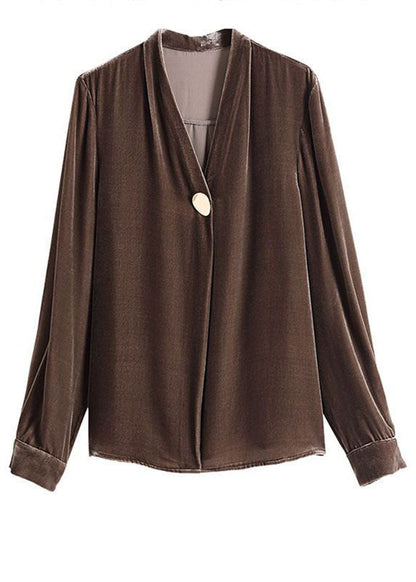 Chocolate Patchwork Silk Velour Shirt Top V Neck Color Long Sleeve