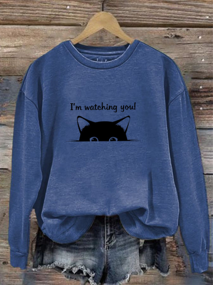 I'm Watching You! Black Cat Print Sweatshirt elevenforest