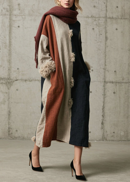 Colorblock Fuzzy Fur Fluffy Patchwork Cotton Dress Fall