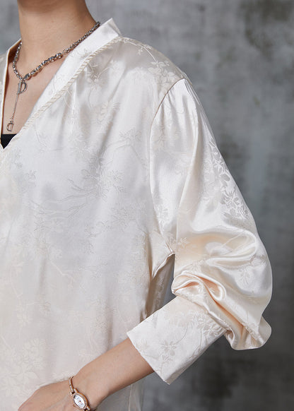Champagne Jacquard Asymmetrical Design Silk Shirt Tops Fall