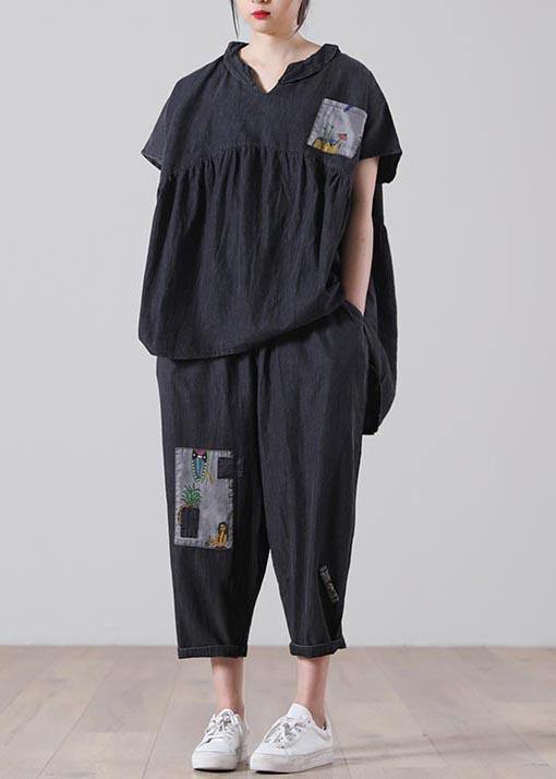 Black Patchwork Pockets Cotton Two Pieces Set Summer
