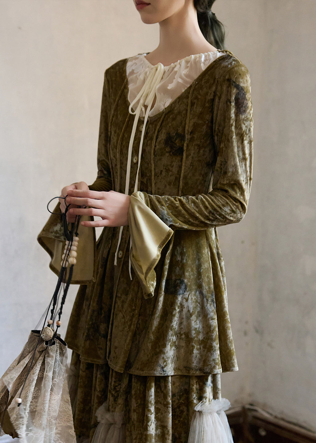 Art Green Lace Up Button Patchwork Silk Velour Top Spring
