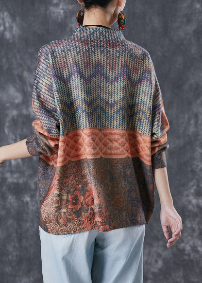 Stand Collar Print Warm Knitted Tops Winter