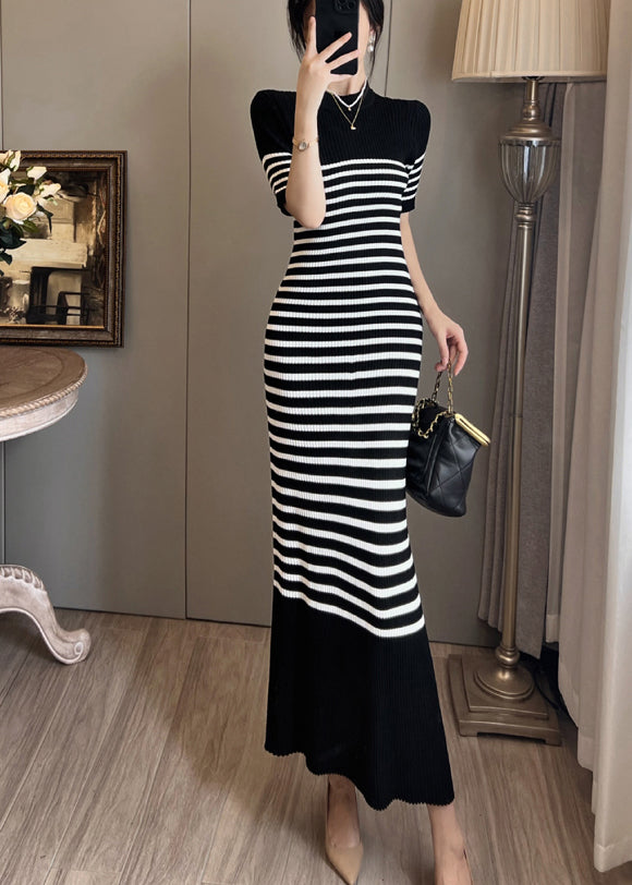 Black Stand Collar Striped Knit Straight Dress Summer