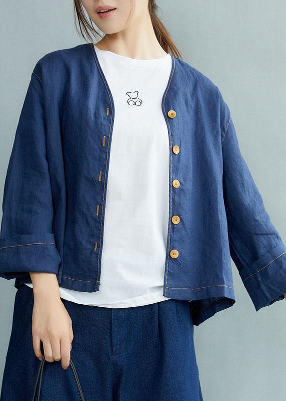 Navy V Neck Button Fall Long Sleeve Coat