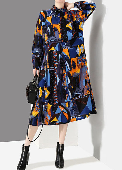 Italian Blue Button Tie Waist Peter Pan Collar Print Shirt Dresses Spring