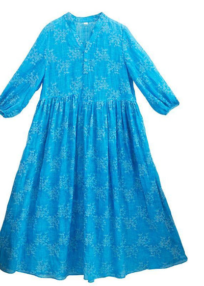 Vivid Stand Collar Cinched Spring Dresses Neckline Blue Embroidery Loose Dresses