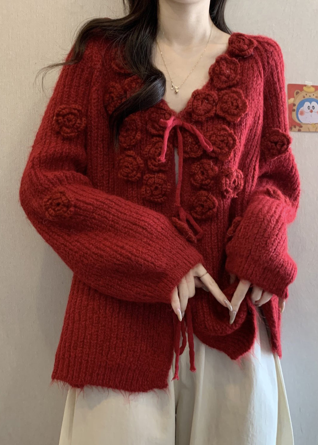 Red V Neck Lace Up Cotton Knit Cardigans Winter
