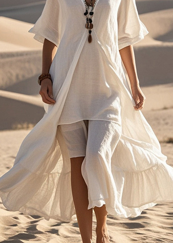 White Asymmetrical Exra Large Hem Cotton Dress Summer