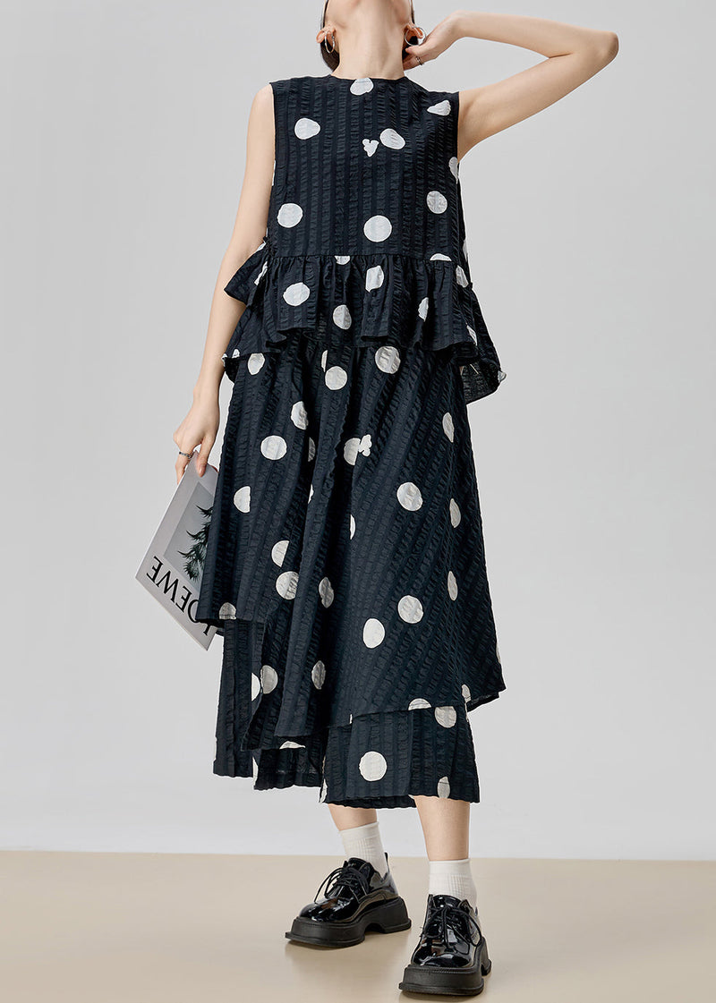 New Black Dot Tops and Pants Skirt Cotton Two Piece Set Sleeveless