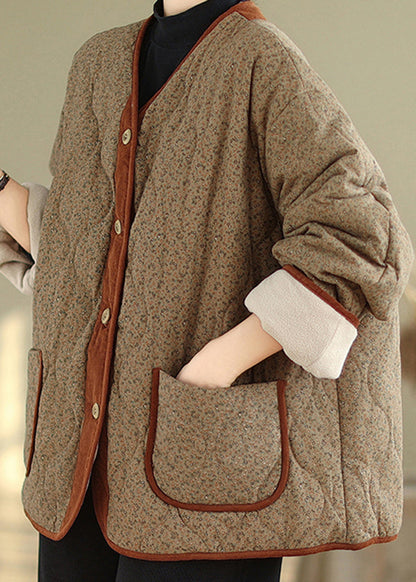 Coffee V Neck Pockets Print Warm Fleece Jackets Winter