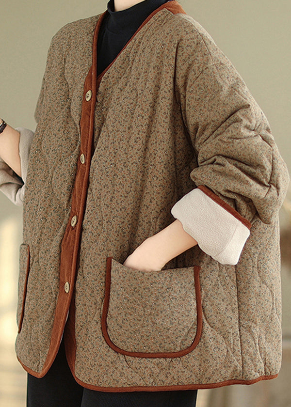 Coffee V Neck Pockets Print Warm Fleece Jackets Winter