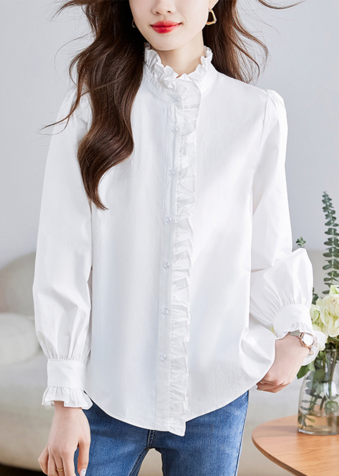 White Stand Collar Ruffled Patchwork Button Shirt Puff Sleeve