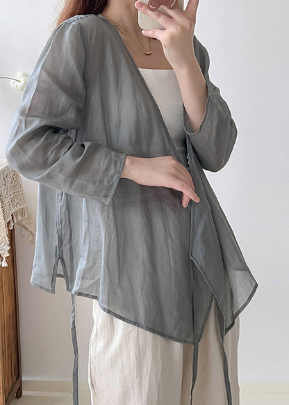 Grey Oversized Lace Up Linen Shirts Fall