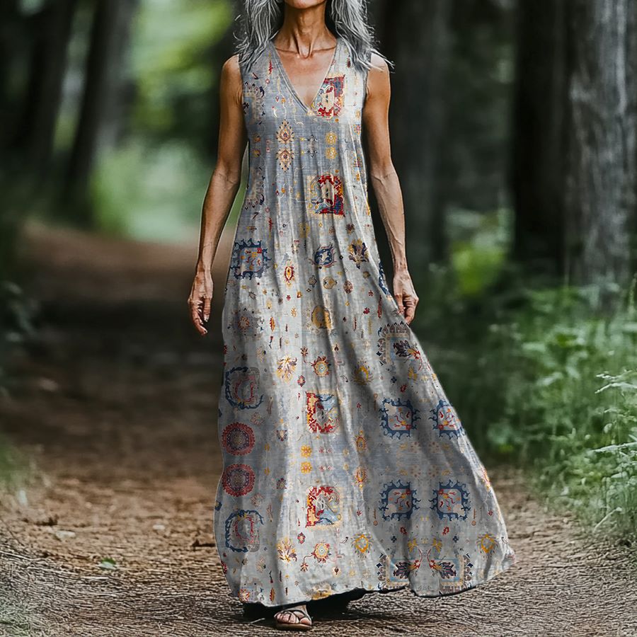Women's Ethnic Tattoo Art Print Cotton Sleeveless Dress artswardrobe