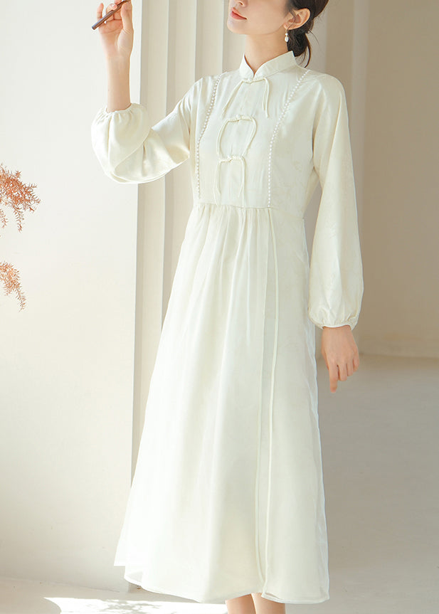 White Chinese Button Silm Fit Silk Dress Fall
