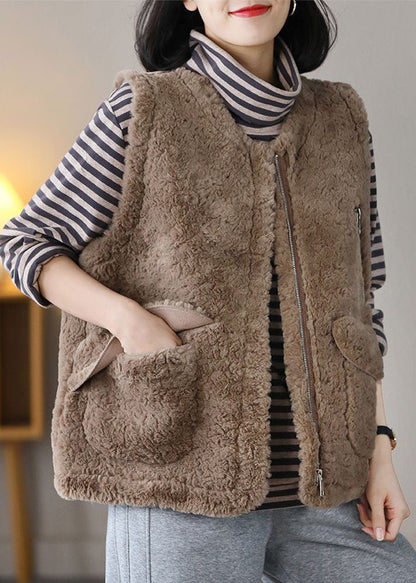 Khaki Zip Up Pockets Fuzzy Fur Fluffy Vest Spring