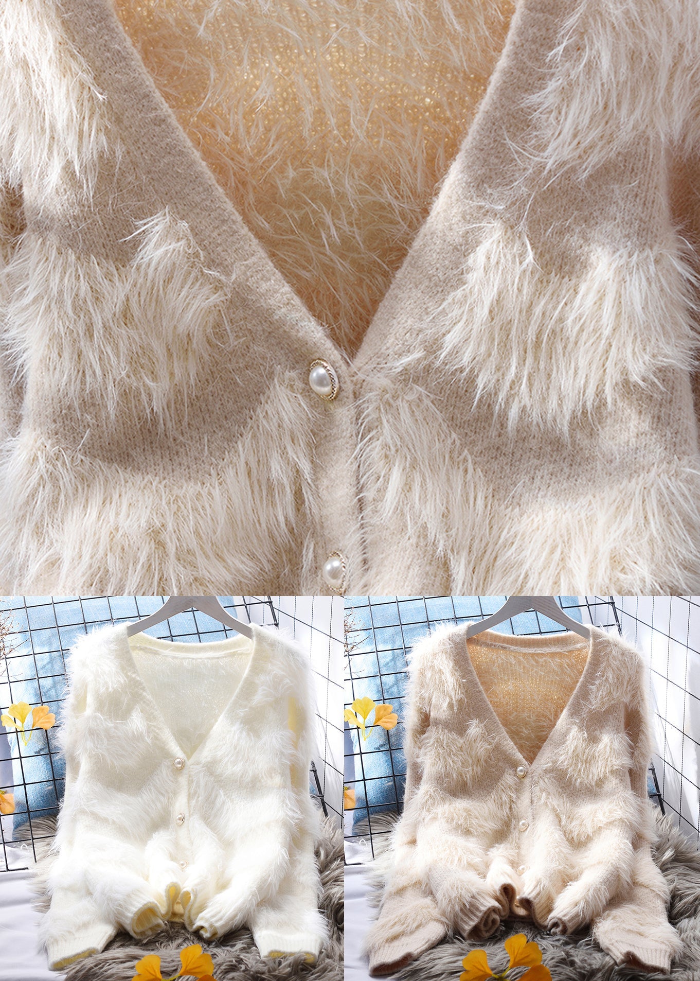 Khaki Patchwork Mink Hair Knitted Cardigan V Neck Button Spring