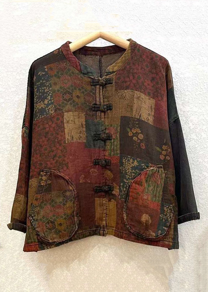 Print Button Patchwork Cotton Coat Long Sleeve Spring