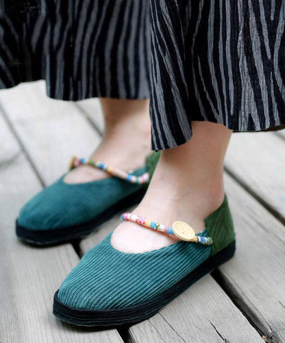 Green Flat Feet Shoes Cotton Fabric Buckle Strap Flat Shoes