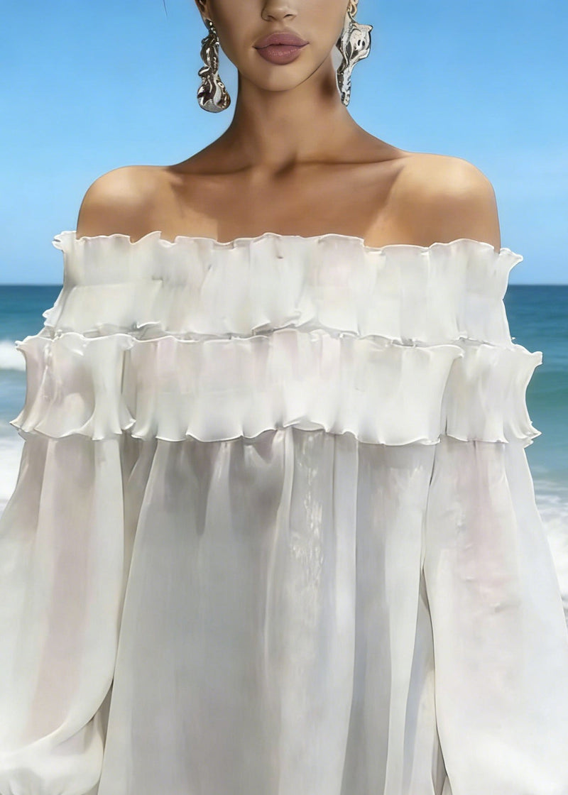 New White Slash Neck Ruffled Chiffon Shirts Spring