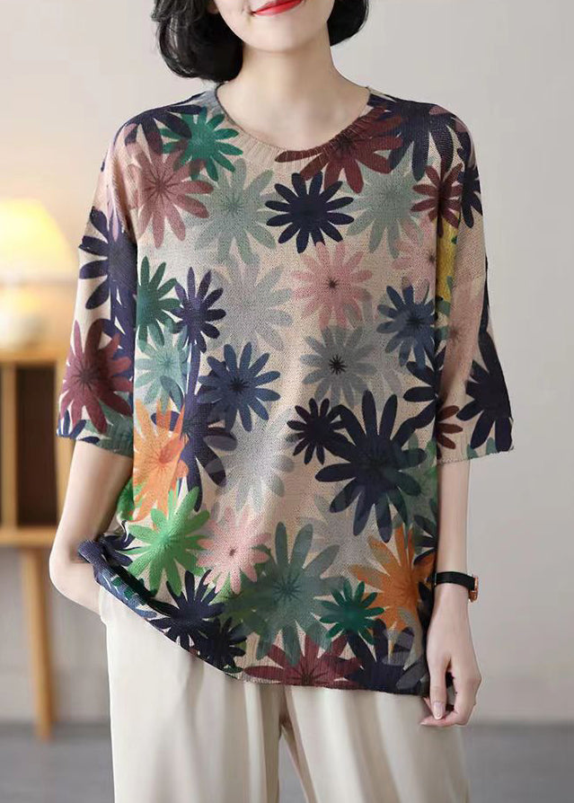 O Neck Print Patchwork Cozy Cotton Knit Top Half Sleeve