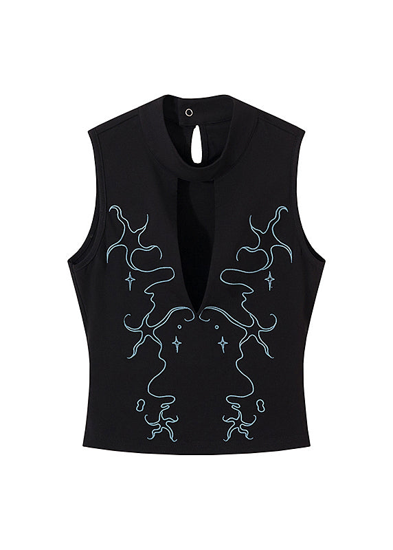 Black Hollow Out Embroidered Cotton Tank Sleeveless