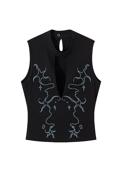 Black Hollow Out Embroidered Cotton Tank Sleeveless