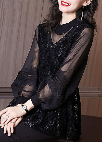 Black Embroideried Hollow Out Patchwork Lace Top Lantern Sleeve