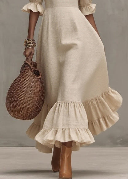 Beige Ruffled Patchwork Long Dresses Short Sleeve