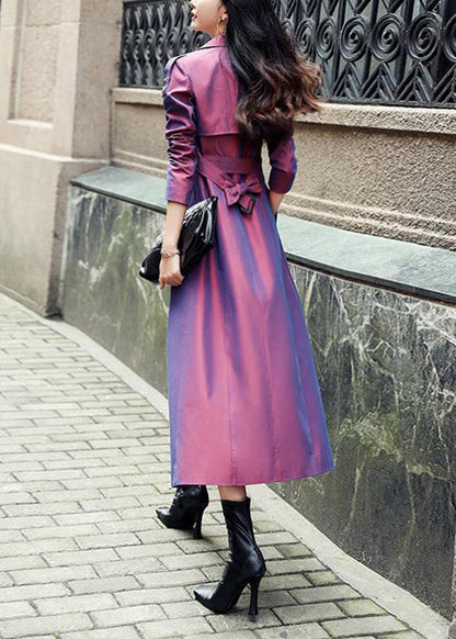 Purple Button Pockets Patchwork Cotton Long Trench Coats Fall