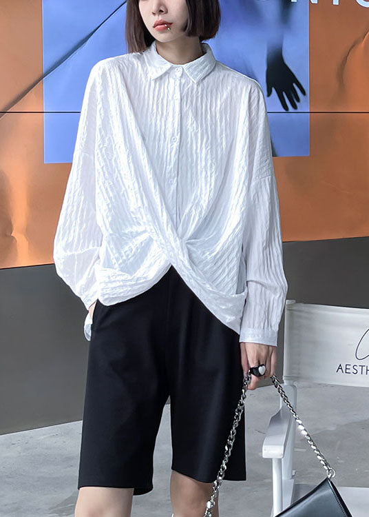 White Peterpan Collar Button Asymmetrical Design Fall Long Sleeve Blouse Tops