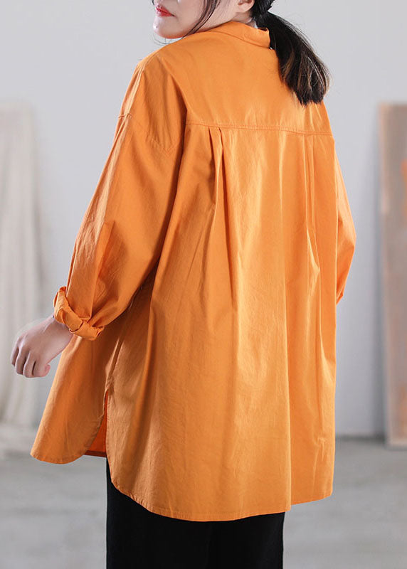 Orange Color Patchwork Cotton Shirt Tops Asymmetrical Pockets Long Sleeve