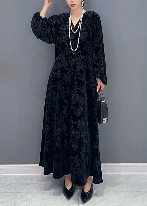 Black V Neck Jacquard Patchwork Velour Dresses Fall
