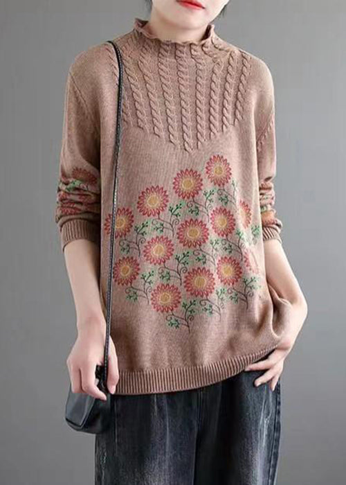 Khaki Turtleneck Print Patchwork Knitted Cotton Sweaters Fall