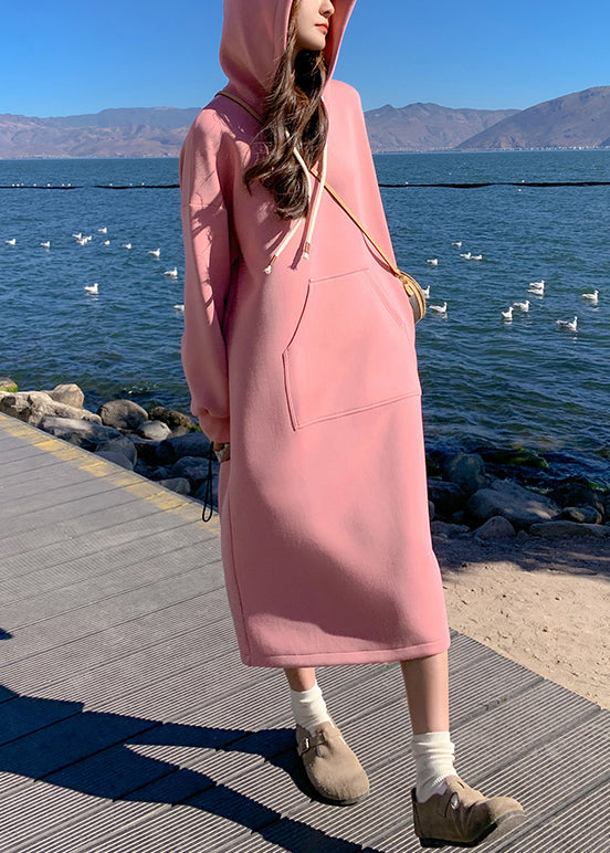 New Pink Hooded Pockets Cotton Dresses Fall