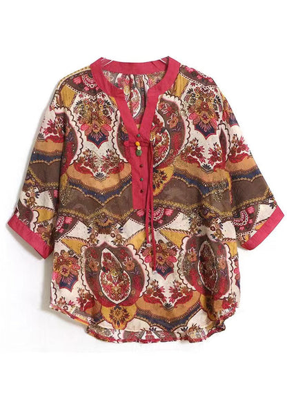 Red Tasseled Print Cotton Blouse Tops Half Sleeve