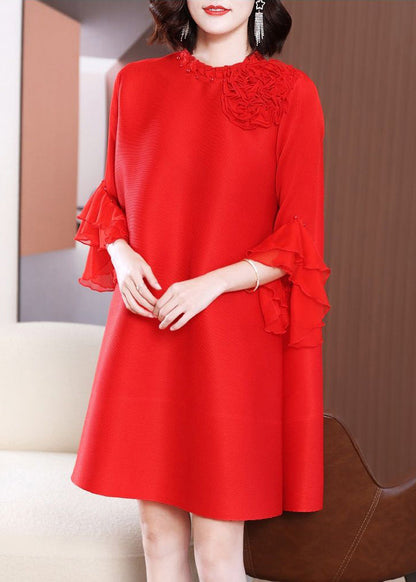 Pink Stand Collar Nail Bead Vacation Dresses Petal Sleeve Summer