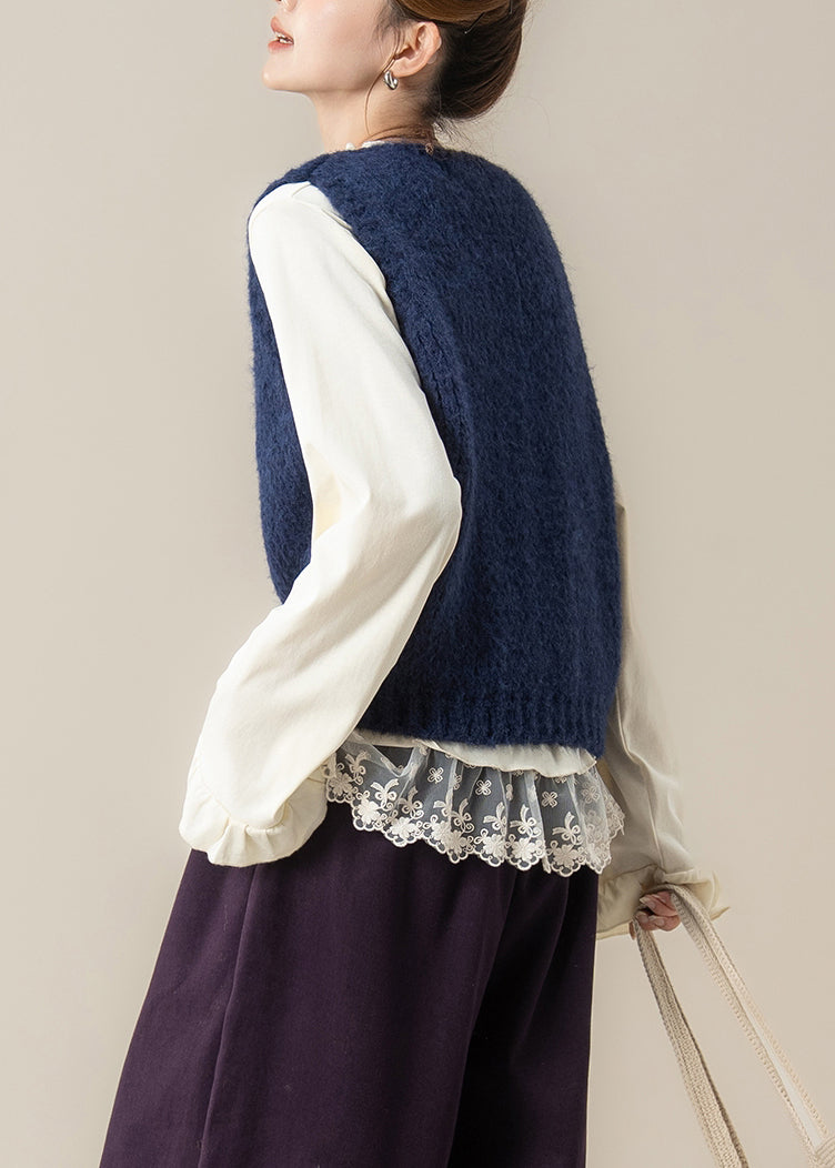 Navy Cozy Knit Vest Tops O Neck Spring