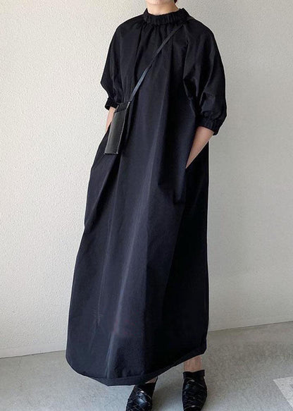 Handmade Black Stand Collar Patchwork Cotton Long Dress Half Sleeve Summer