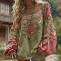Comstylish Women's Retro Bohemian Rose Floral Stitching Warm Round Neck Sweatshirt