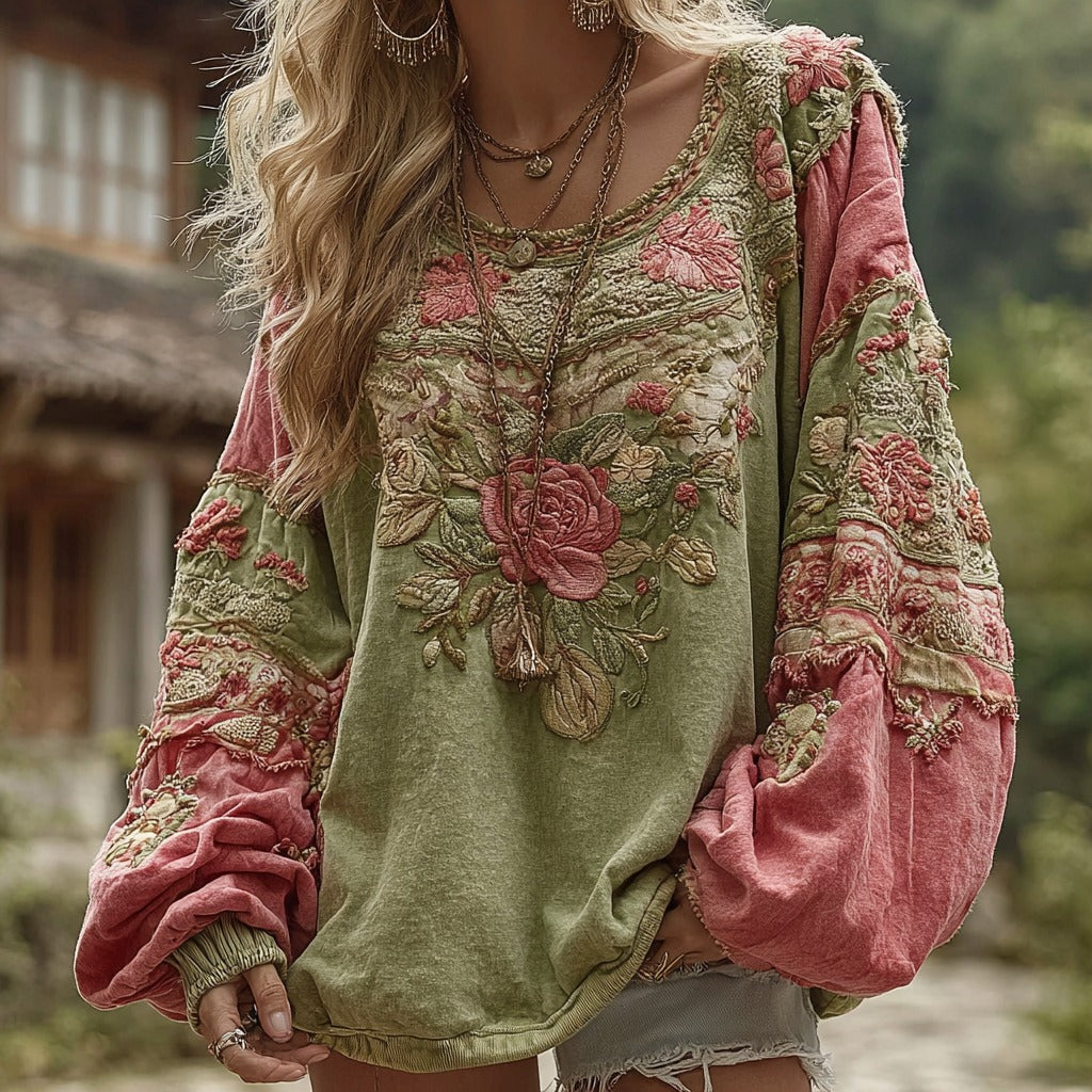 Comstylish Women's Retro Bohemian Rose Floral Stitching Warm Round Neck Sweatshirt