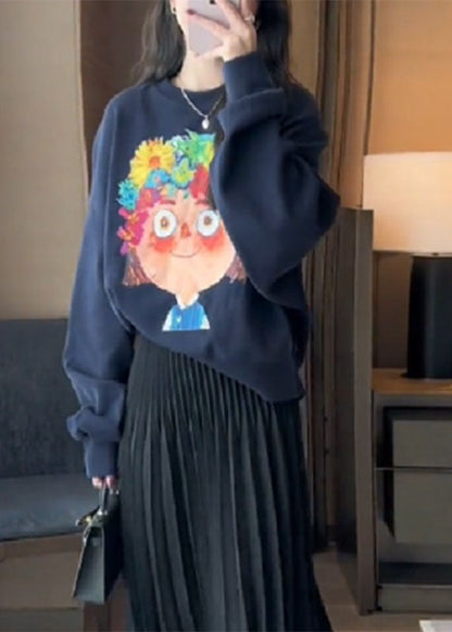 Handmade White O-neck Cartoon Print Pullover Fall