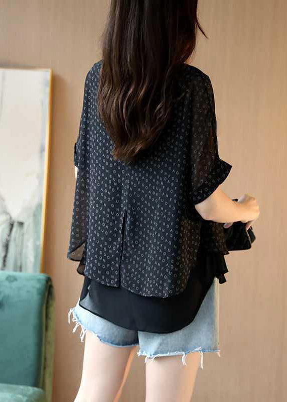 Unique Black O-neck Layered Design Letter Print Chiffon Tops Short Sleeve